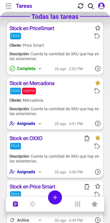 App móvil de OptaCheck mostrando la lista de tareas de un agente de campo
