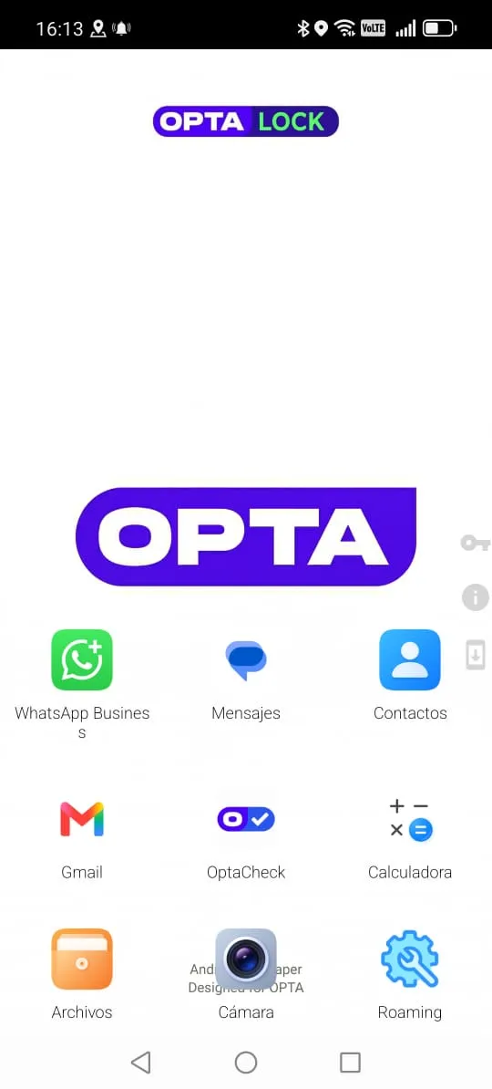 Pantalla de inicio Android de un dispositivo administrado y personalizado con OptaLock