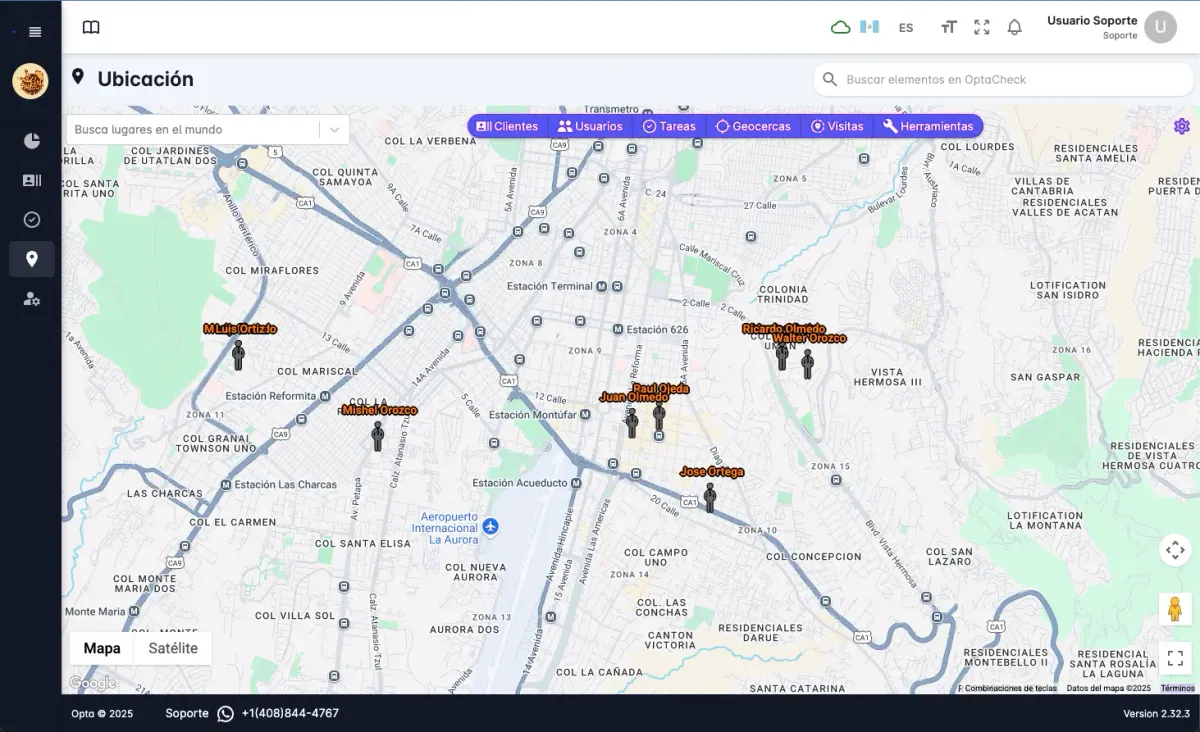 Consola web de OptaCheck mostrando la ubicación en vivo de los agentes en un mapa de Ciudad de Guatemala